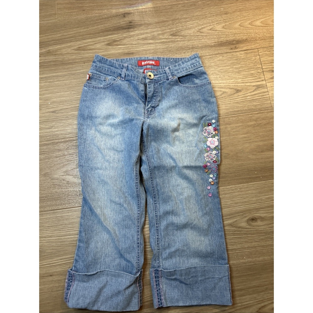 Bongo Girls Cropped Floral Embroidered Jeans Light Blue‎ Denim Size 16